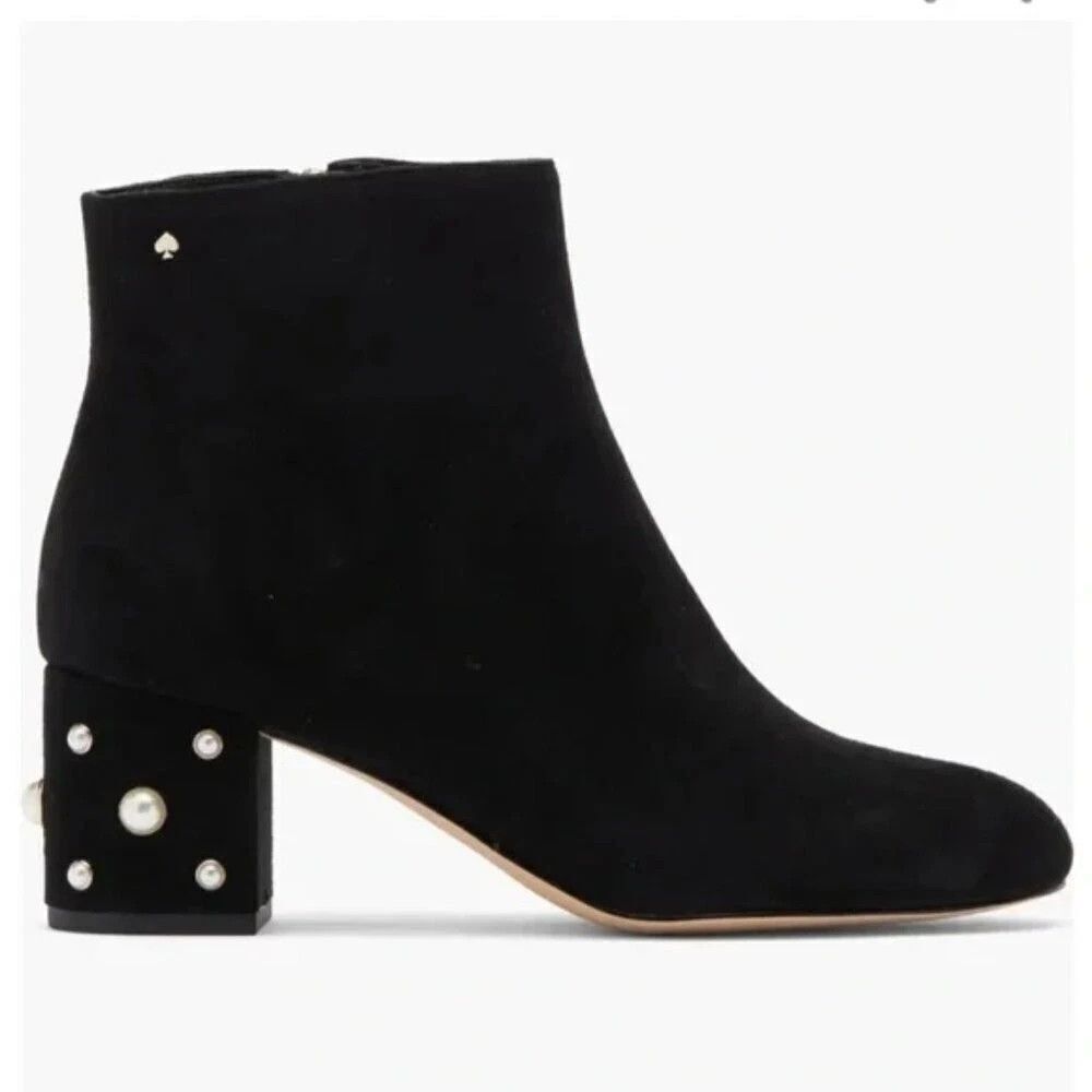 Kate Spade Womens Black Suede Taraji Faux Pearl Block Heel Bootie  Size 10